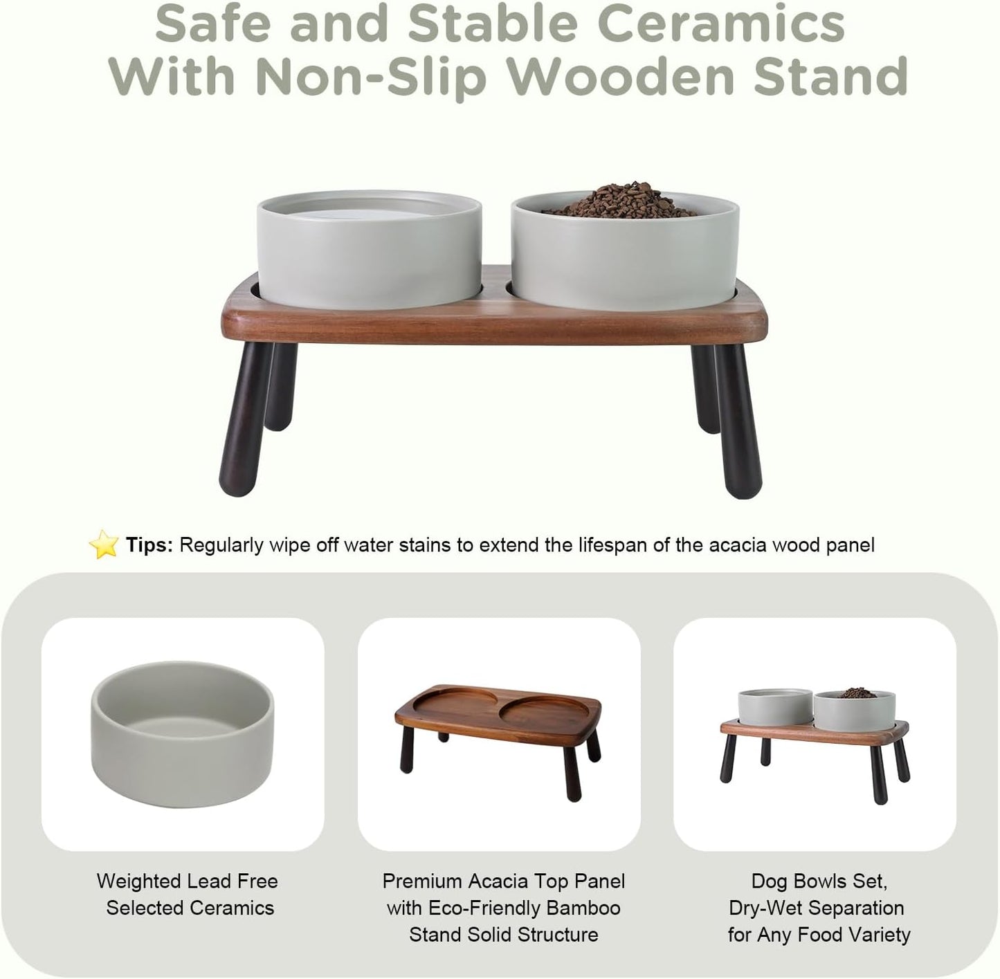 SPUNKYJUNKY Ceramic Elevated Dog Bowls Raised with Acacia Bamboo Wooden Stand, 6.1'' Dog and Cat Food Water Bowls Set Non-Slip for Small Medium Sized Breed Microwave Dishwasher Safe - 28.7 OZ,Grey