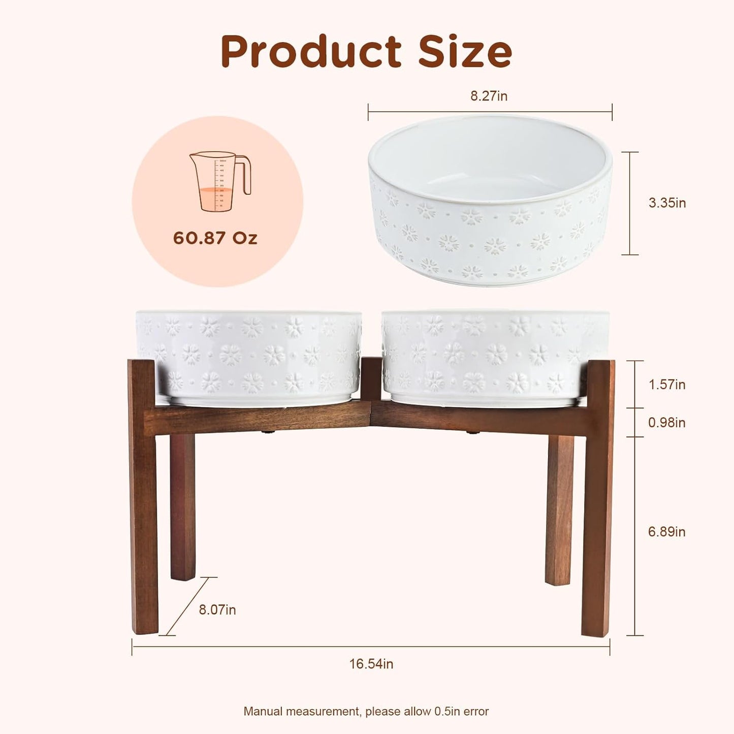 SPUNKYJUNKY Ceramic Dog Bowls Dog Bowl Set with Acacia Wood Stand Raised Dog Bowl Dog Food and Water Bowl for Small Medium Sized Dog (21cm)