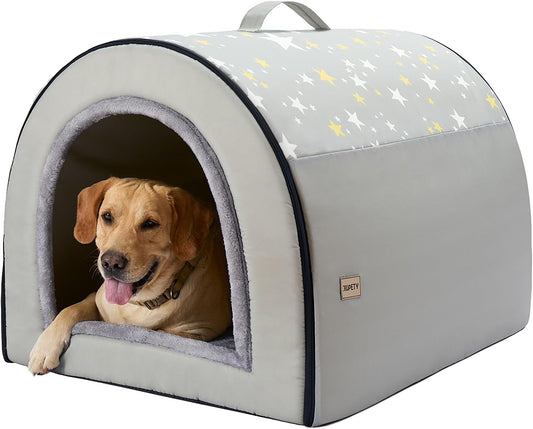 Jiupety 2 in 1 Dog House Indoor, Comfy Cave Bed Covered Dog Bed, Portable House for Large Dogs, 3XL(39"×32"×28"), Up to 90 Lb, Grey