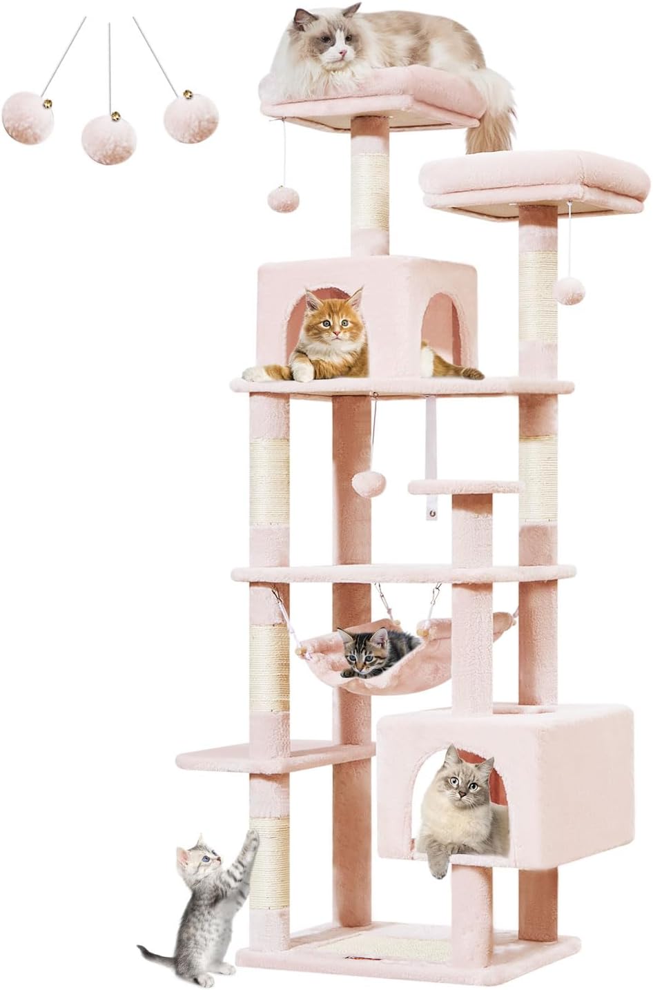 Taoqimiao Cat Tree, 68-Inch Cat Tree Cat Tower for Indoor Cats, Plush Multi-Level Cat Condo with 6 Scratching Posts, 2 Perches, 2 Caves,Hammock, 3 Pompoms,MS020SP Jelly Pink