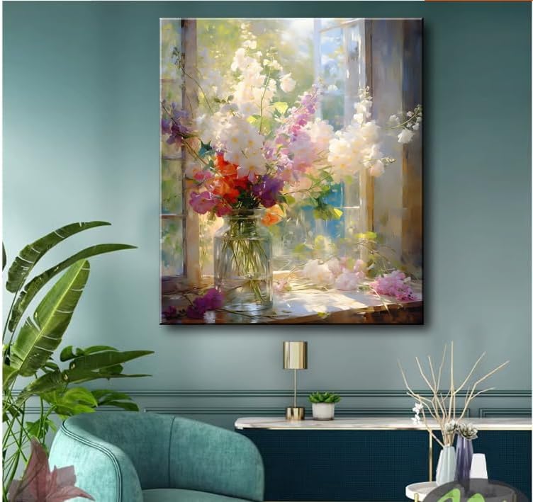 Colorful Flower Framed Canvas Wall Art, Watercolor Floral Bathroom Wall Decor, Spring Nature Wall Painting, Multicolor Botanical Art Print for Living Room, Bedroom, Office - 12X15