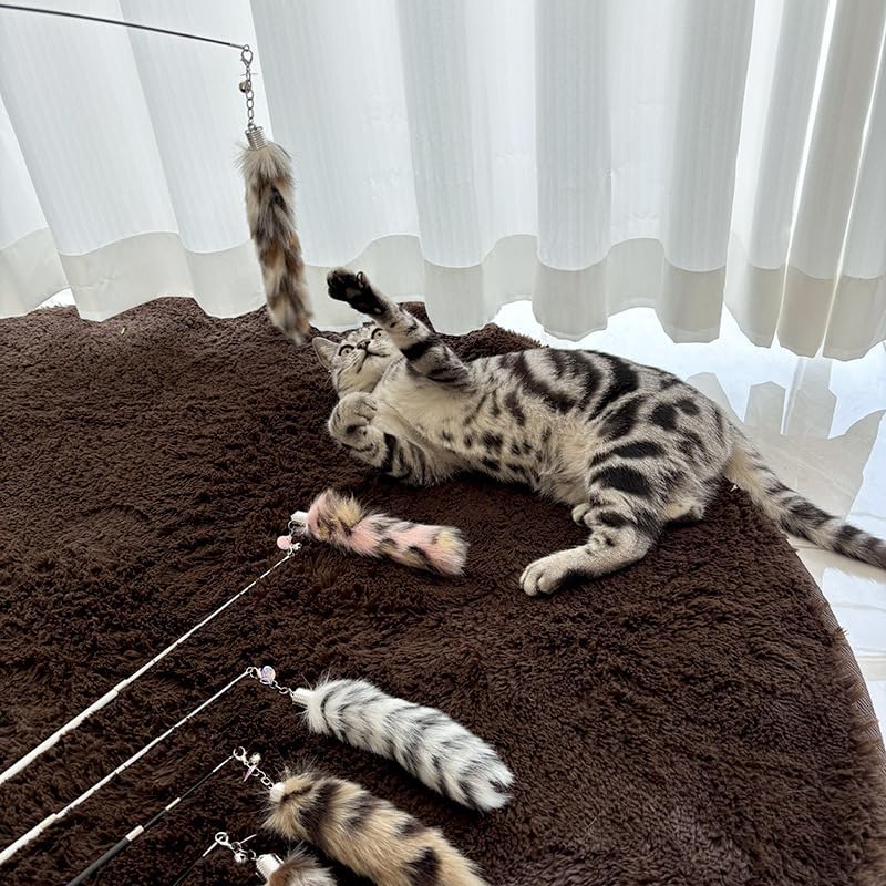 Interactive Cat Wand Toy with Cat Dancer, Retractable Feather Fox Tail Teaser for Indoor Cats, Enrichment Play Kittens to Senior Cats(Moon Grey)