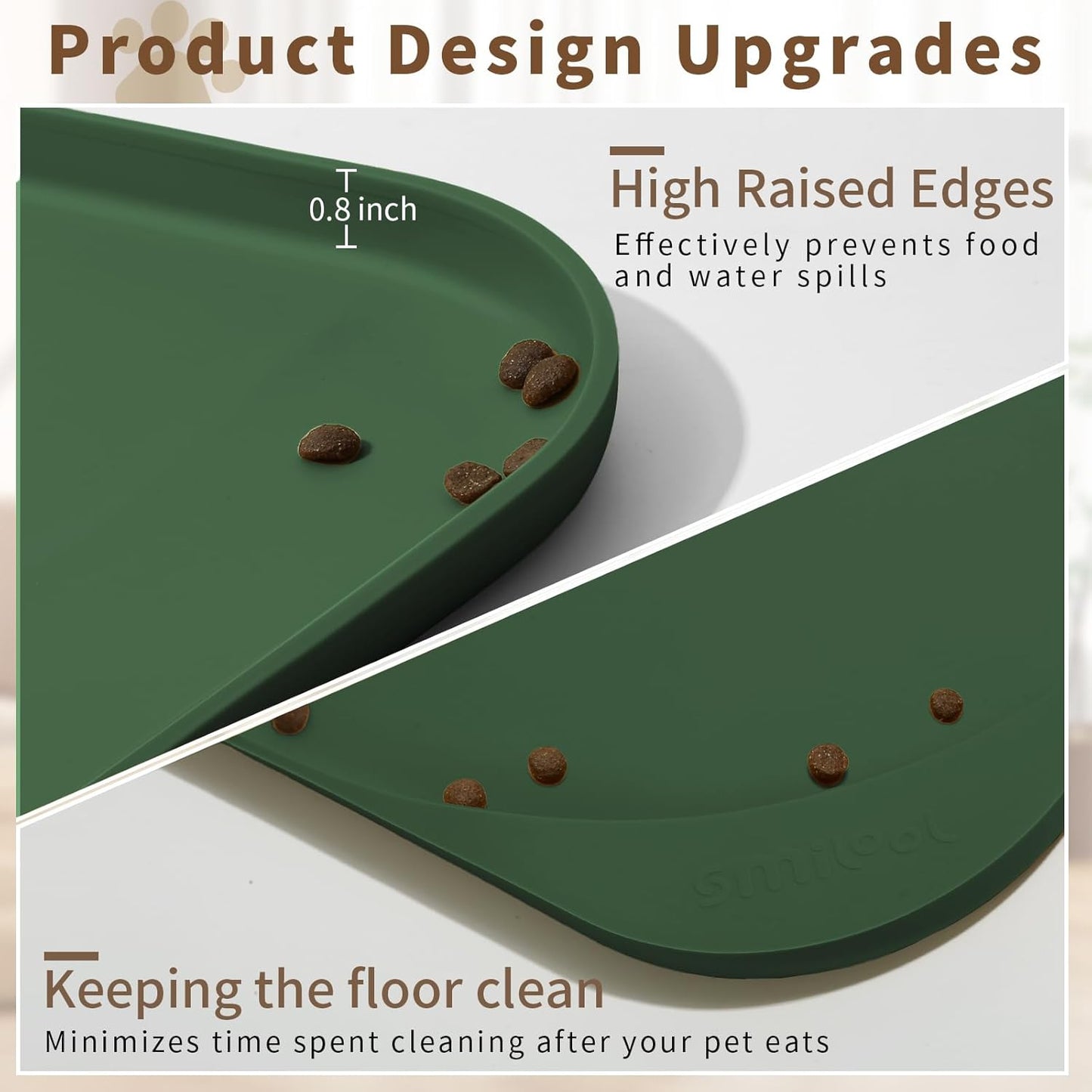 Silicone Pet Feeding Mat with Raised Edge & Residue Collection Pocket for Food and Water, Dog Bowl Mats, Cat Bowls Placemat with High Lip for Floor Waterproof, 22 x 14 x 0.8 Dark Olive