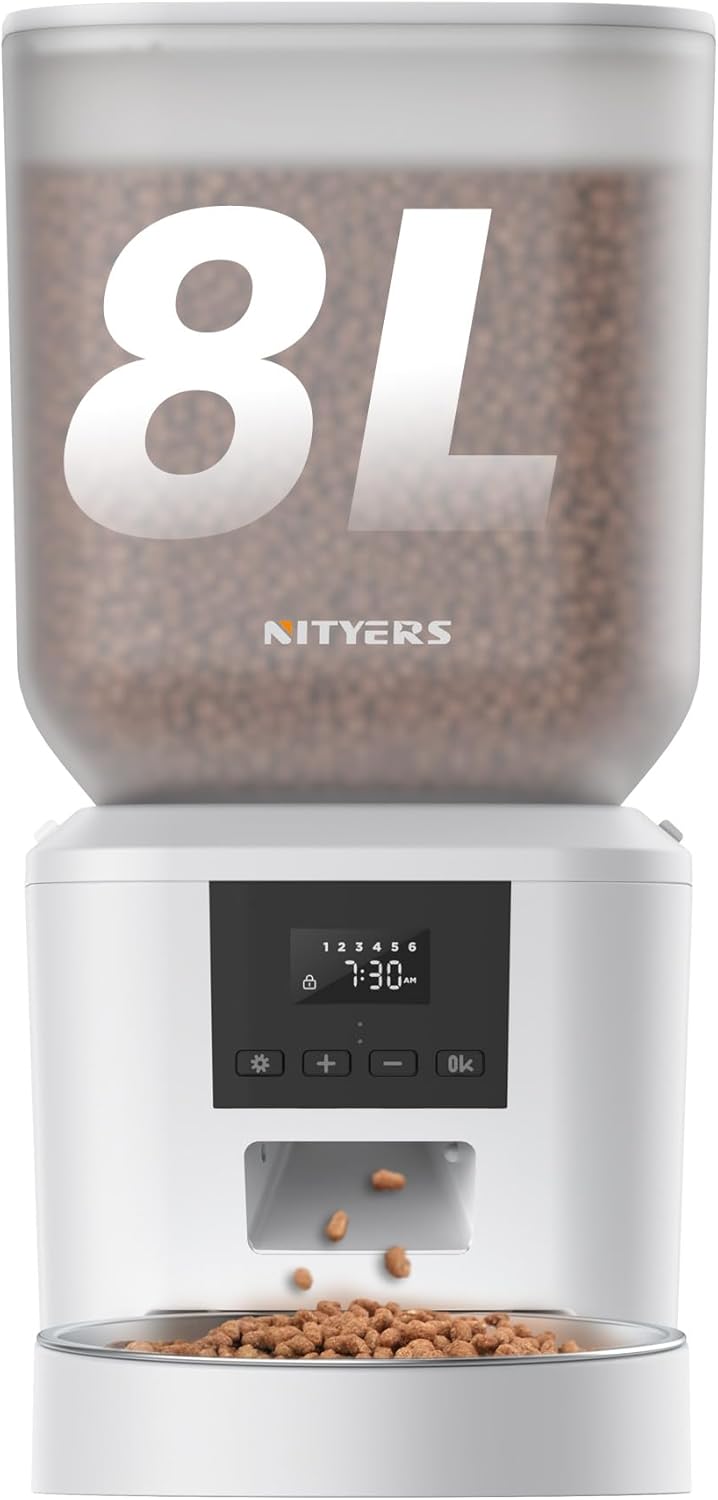 Automatic Dog Feeder - 8L/34 Cups Large Capacity Automatic Cat Food Dispenser with LCD Screen, Large Food Tray, Battery Operated, Timed Cat Feeder, Up to 50 Portions 6 Meals Per Day, Keeps Fresh