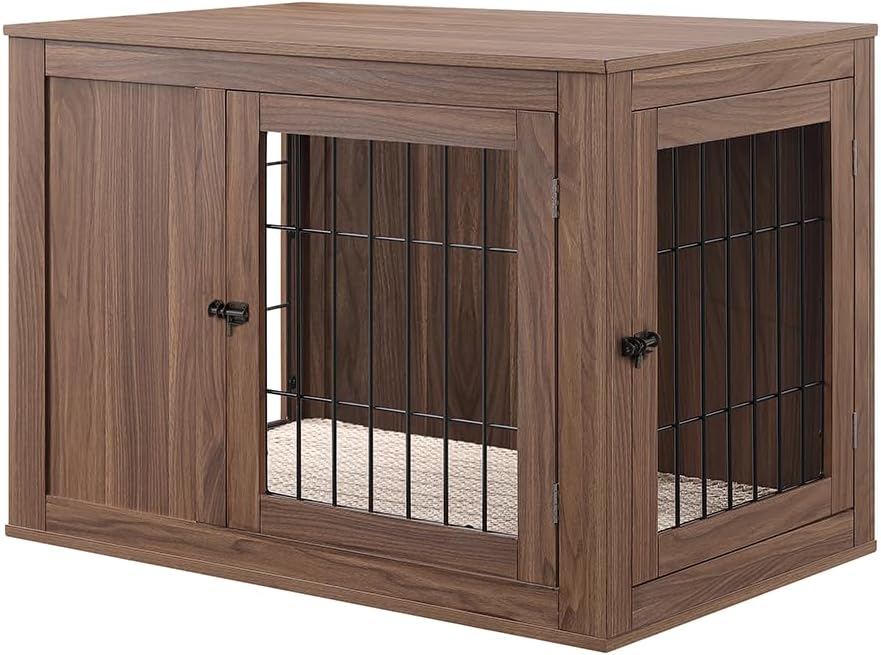 unipaws 30 Inch Furniture Style Dog Crate, Indoor Aesthetic Puppy Kennel with Door, Modern Decorative Wood Wire Pet House Dog Cage, Pretty Cute End Side Table Nightstand, Walnut