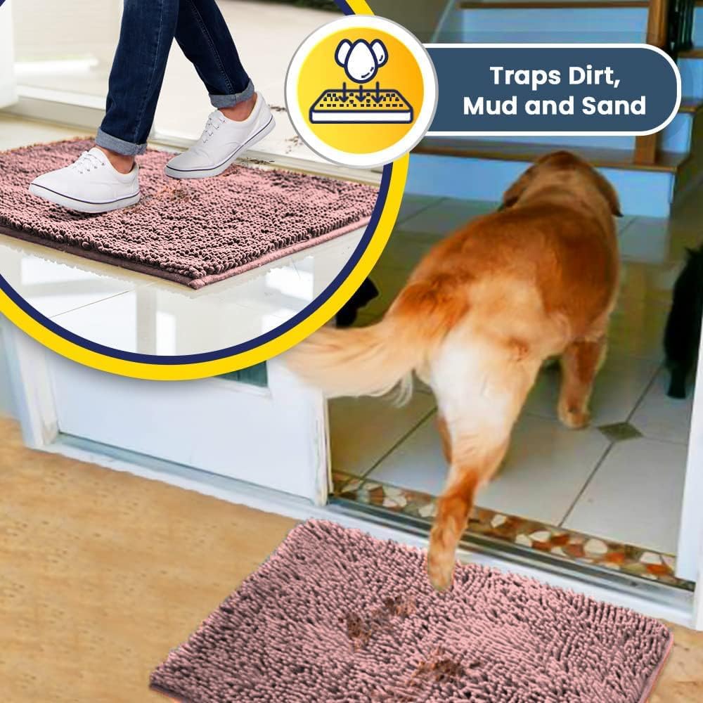 Muddy Mat® AS-SEEN-ON-TV Highly Absorbent Microfiber Door Mat and Pet Rug, Non Slip Thick Washable Area and Bath Mat Soft Chenille for Kitchen Bedroom Indoor and Outdoor - Light Pink 36" x 120"