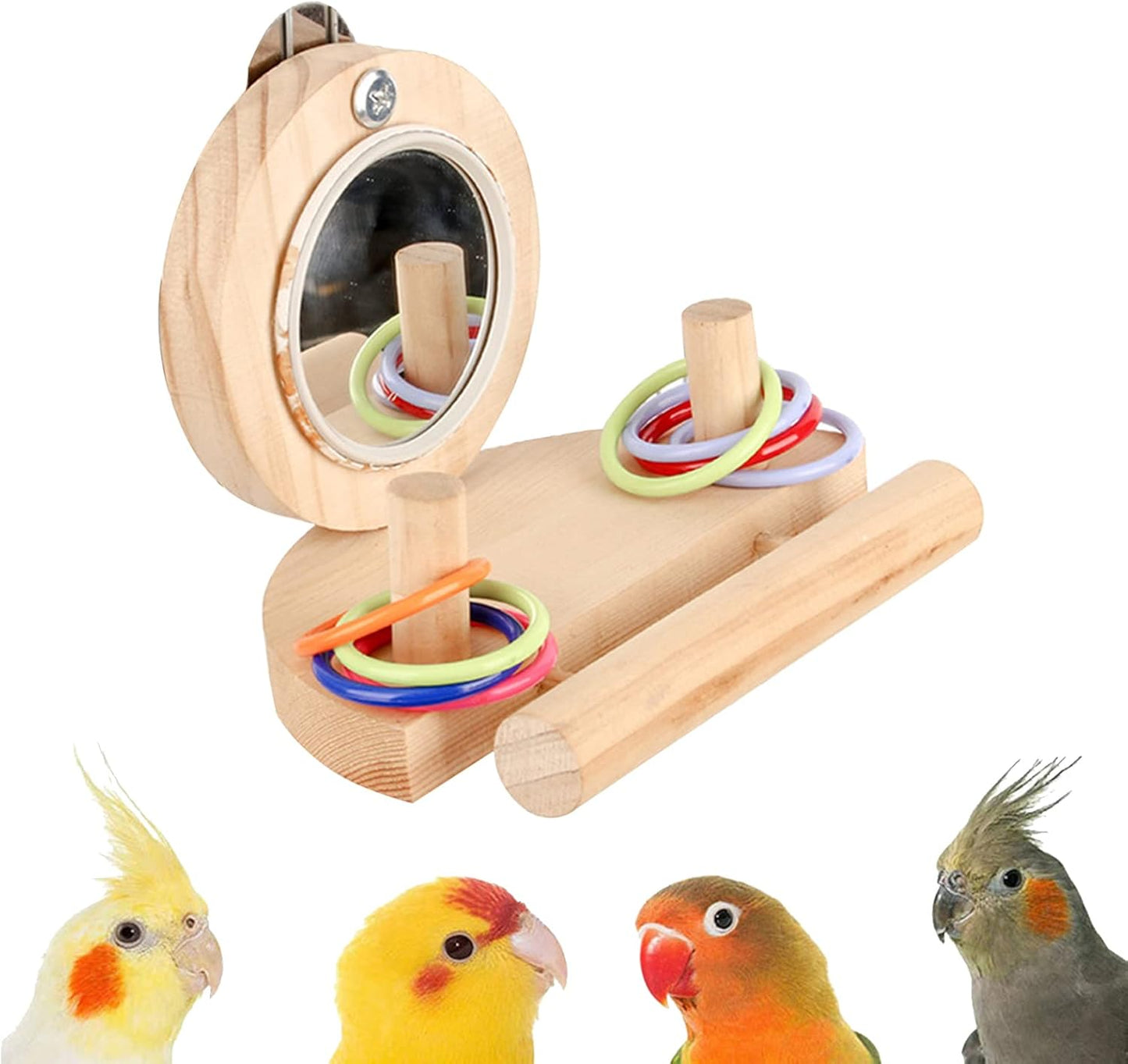 Parrot Mirror Toy for Cage, Pet Mirror Toys Set with Wooden Platform Stand Perch, 8 Pcs Colorful Stacking Rings Bird Toy Intelligence Toys, Idea for Cockatiel Parrot Bird Cage Health Supplies