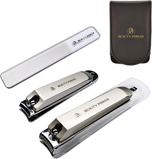 Nail Clippers Set 3 in 1 - Stainless Steel Toe Nail Clippers, Fingernail Clipper, Glass Nail File, Anti Splash, Ergonomic Grip in PU Leather Travel Case for Men & Women (Black Case)