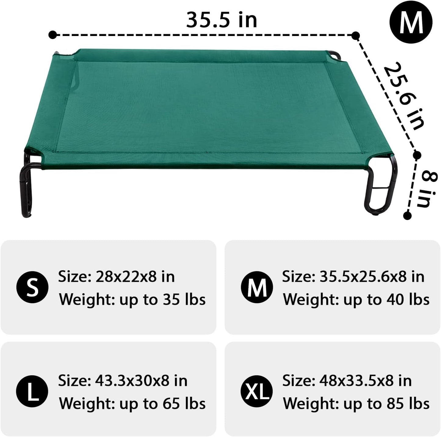 pettycare Elevated Outdoor Dog Bed - Dog Cots beds for Medium Dogs, Waterproof Raised Dog Bed Easy to Assemble, Cooling Elevated Dog Bed with Teslin Mesh, Durable, Non Slip, Up to 40 lbs,Green