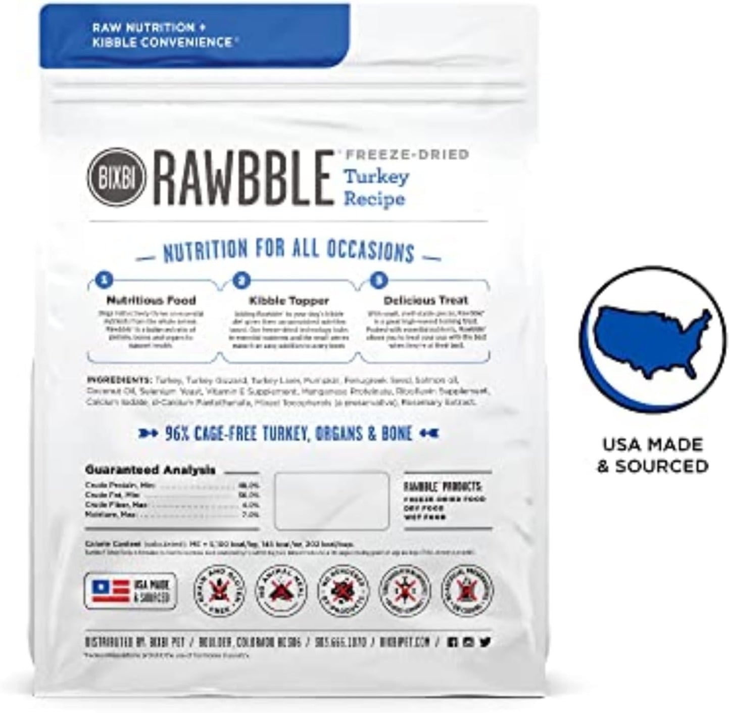 BIXBI Rawbble Freeze Dried Dog Food, Turkey Recipe, 26 oz - 96% Meat and Organs, No Fillers - Pantry-Friendly Raw Dog Food for Meal, Treat or Food Topper - USA Made in Small Batches
