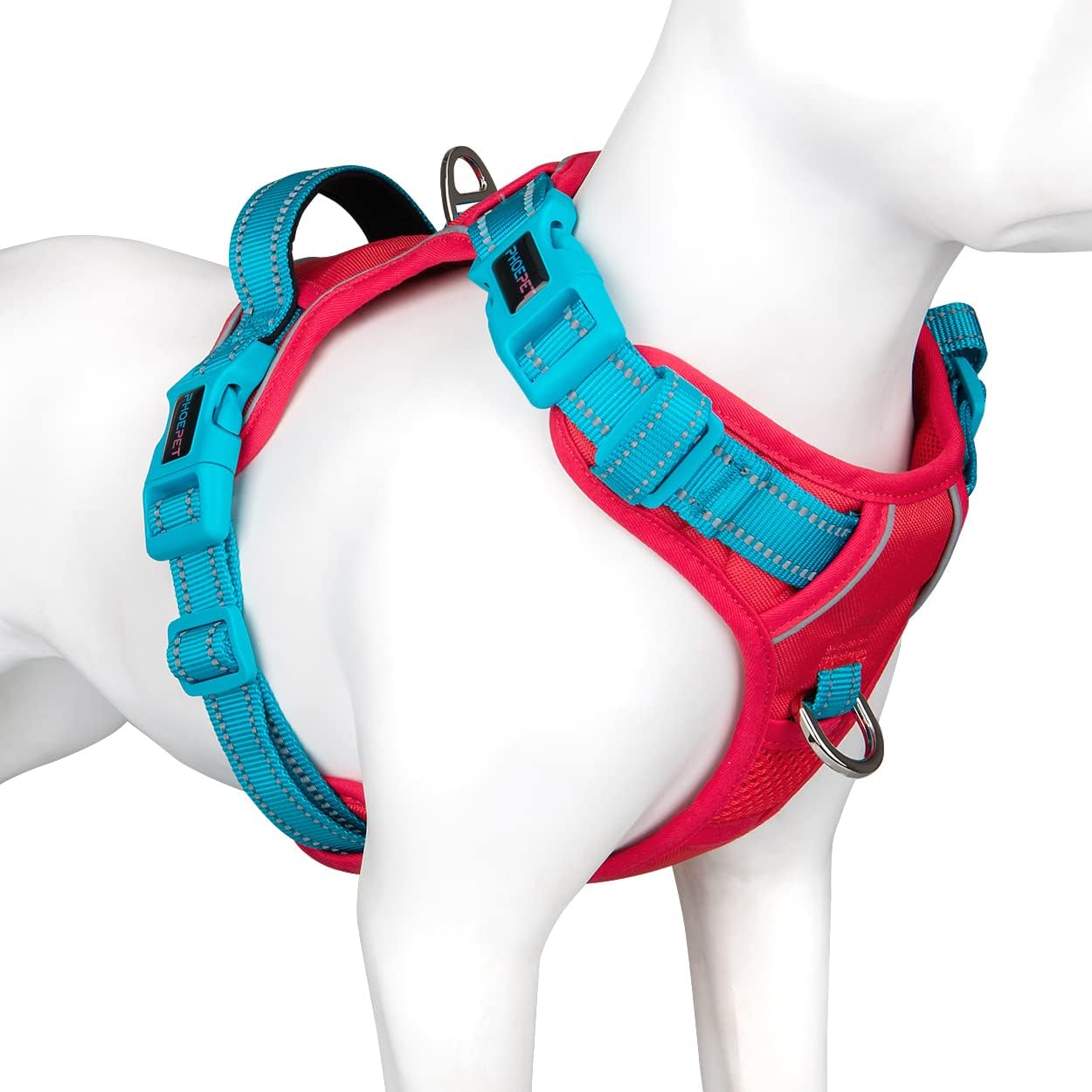 PHOEPET No Pull Dog Harness, Unique Colors Reflective Adjustable Dog Vest, with Soft Training Handle Metal Clips for Small Medium Large Dogs (Red Base & Teal Straps,S)
