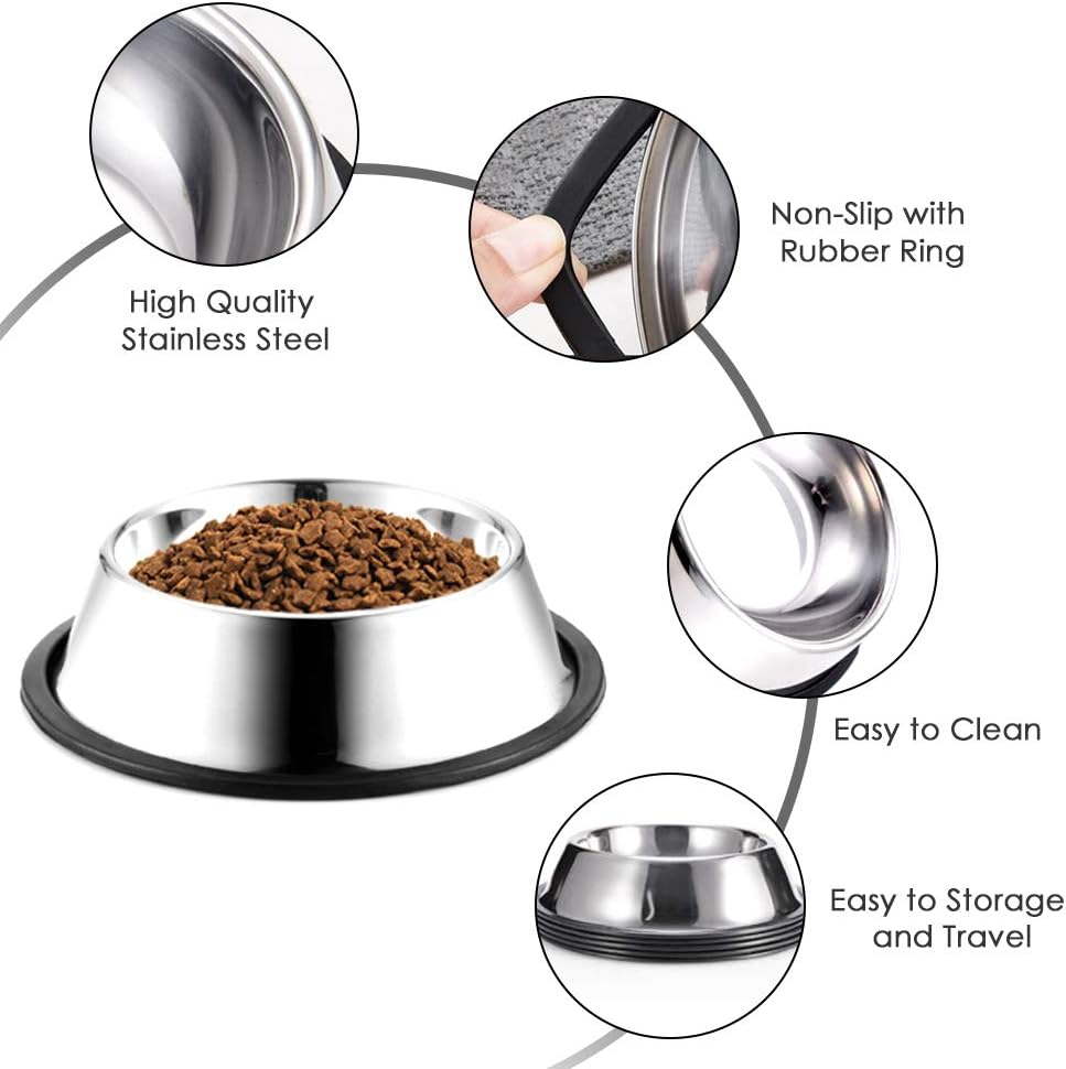 Stainless Steel Dog Bowls, 1.5 Cup/12oz Cat Bowl Water and Food with Rubber Base, Pet Bowls for Small Dogs, Cats, Puppy, Rabbit and Kitten, 2Pack
