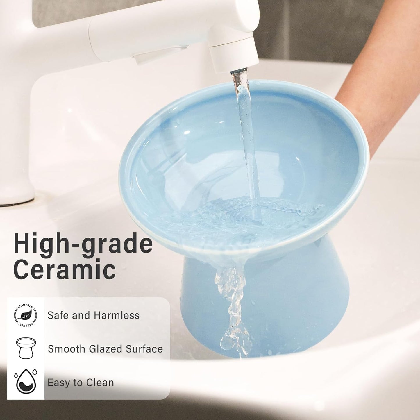 Extra Wide Elevated Ceramic Cat Bowl, 6.2" Shallow Dish for Whisker Fatigue Relief, 5" Height for Easy Feeding, Durable Raised Cat Food Bowls, Pack of 2, Blue