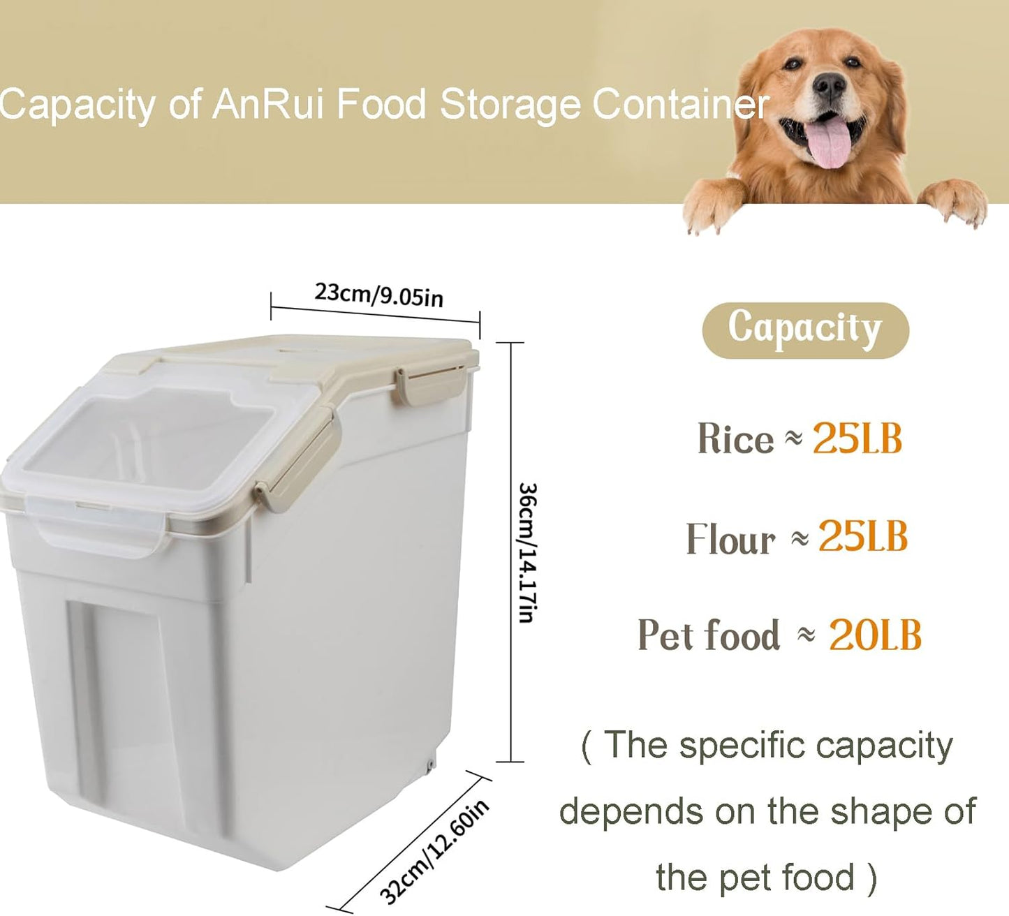 AnRui Dog Food Storage Container with Scoop, Large Airtight Plastic Pet Dog Cat Dry Food Bin, Cereal Grain Organizer Box for Rice, Flour, Snack, Baking Supplies, Kitchen Pantry, 20lb, Grey