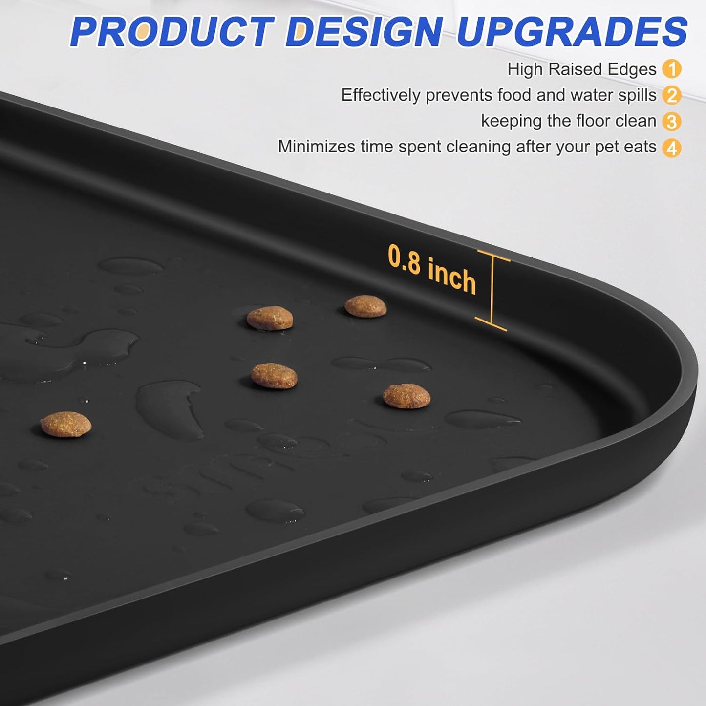 Silicone Pet Feeding Mat with Raised Edge for Food and Water, Dog Bowl Mats, Cat Bowls Placemat with High Lip for Floor Waterproof, Rubber Tray for Cats and Dogs 22 x 14 x0.8 Black