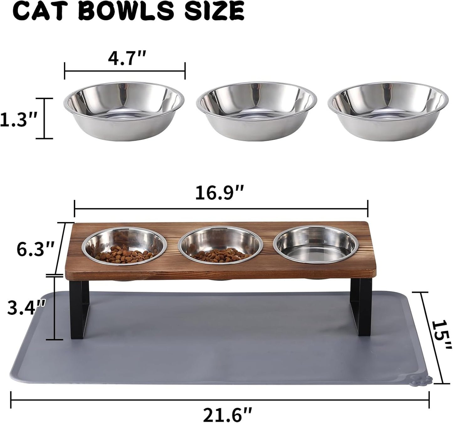 Upgraded Elevated Cat Bowls with Food Mat,15°Tilted Stand Anti Vomiting Raised Cat Dishes for Food and Water,3 Stainless Steel Bowls for Cats and Puppy（Rustic Brown）
