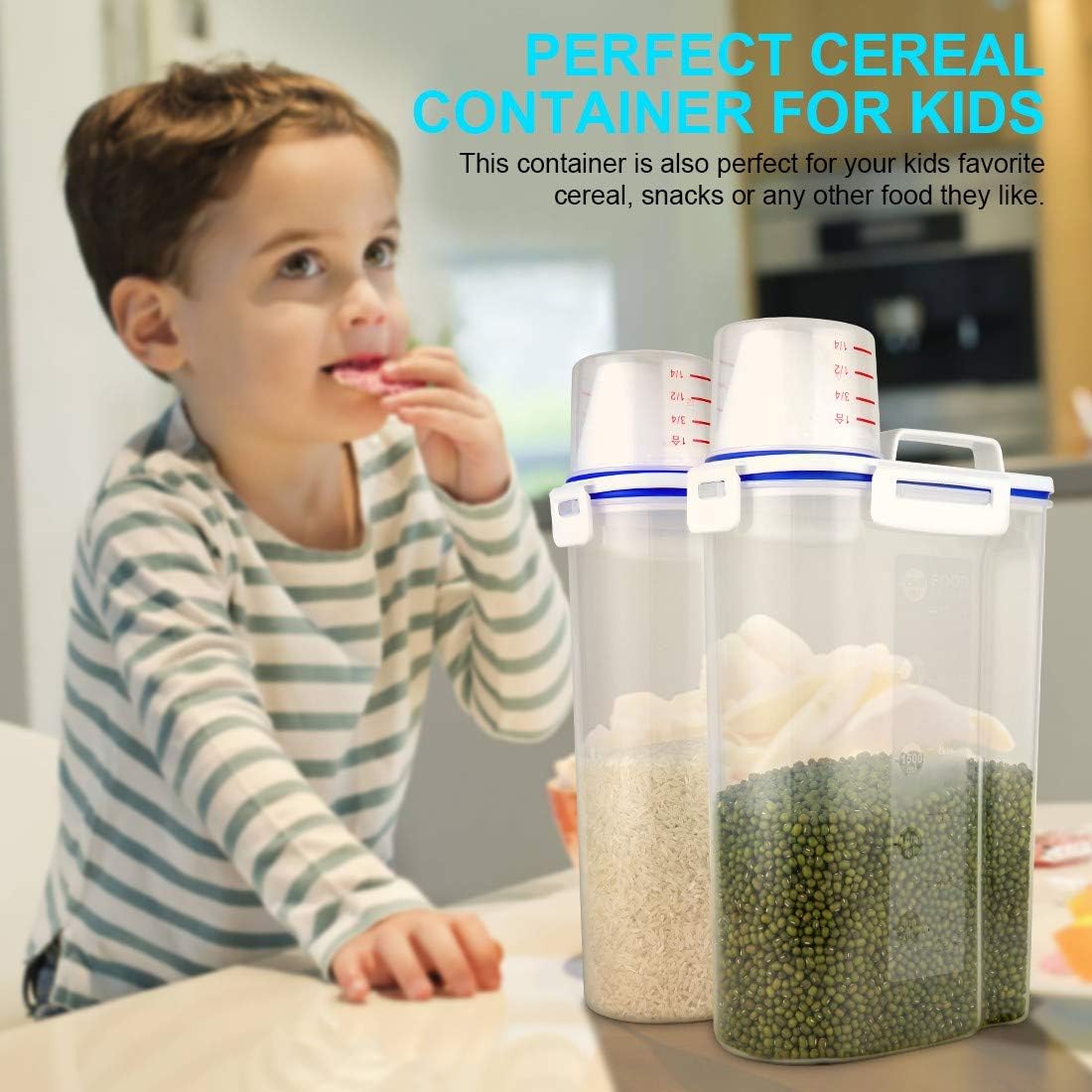 Rice Airtight Dry Food Storage Containers, BPA Free Plastic Sealed Holder Bin Dispenser with Pouring Spout, Measuring Cup for Cereal, Flour and Oatmeal, Include a Stainless Steel Whisk