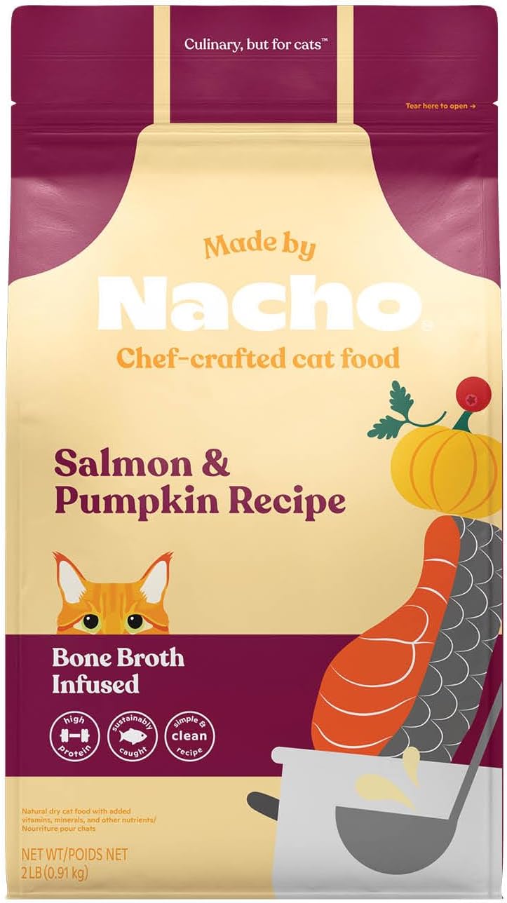 Made by Nacho Dry Cat Kibble 2lb Bag, High Protein and Grain-Friendly Premium Cat Food, Sustainably Caught Salmon and Pumpkin, Infused with Bone Broth for Hydration, Limited Ingredients, Single Bag