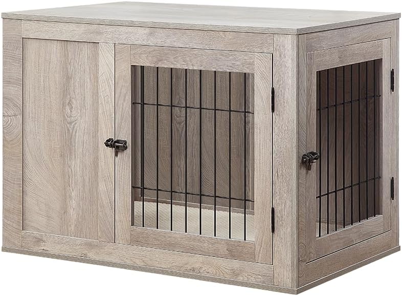 unipaws 30 Inch Furniture Style Dog Crate for Small Dogs, Indoor Puppy Kennel with Door, Decorative Wood Wire Pet House Dog Cage, Pretty Cute End Side Table Nightstand, Weathered Grey