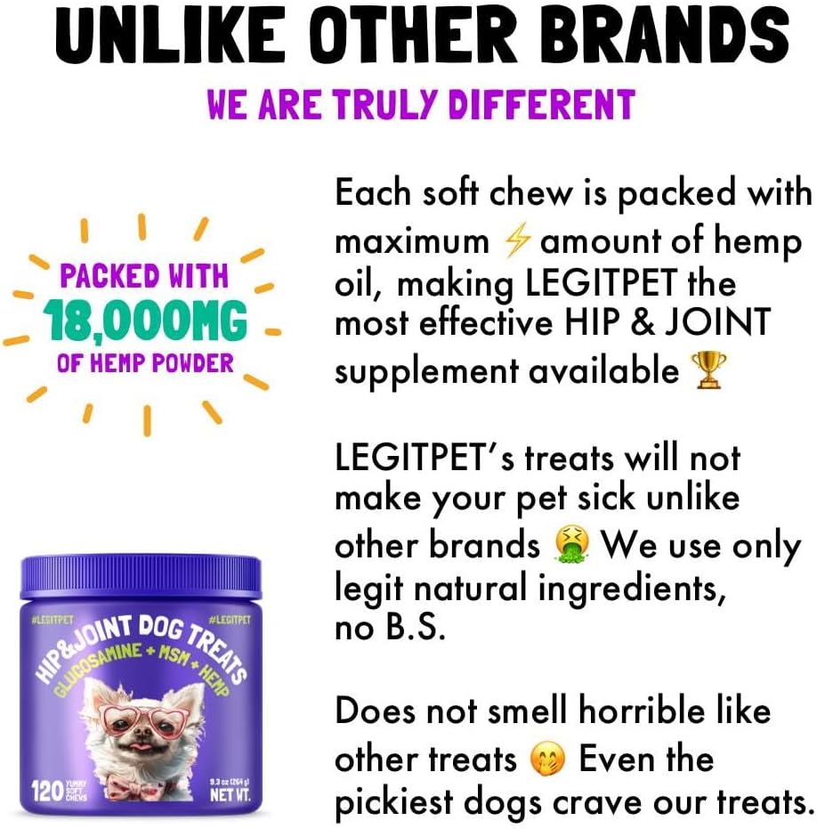 LEGITPET Hemp Hip & Joint Supplement for Dogs Soft Chews Made in USA Functional Glucosamine for Dogs Chondroitin MSM Turmeric Hemp Seed Oil Natural Pain Relief Mobility Advanced Joint 120 Treats