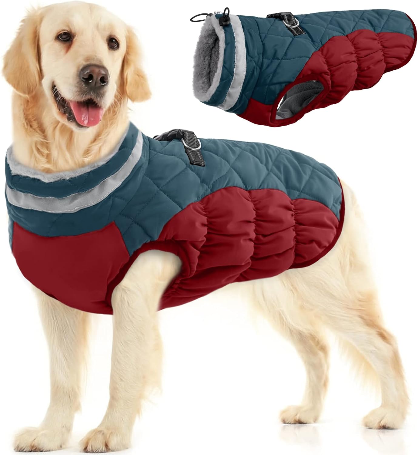 FUAMEY Dog Coat for Large Dogs,Waterproof Dog Winter Jacket with Harness Built in Puppy Cold Weather Coats Reflective Pet Vest with Zipper Warm Fleece Dogs Snowsuit Windproof Dark Blue L