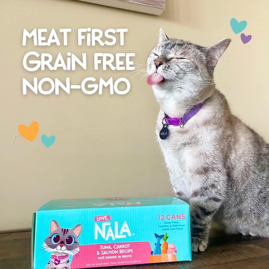 LOVE, NALA - Natural Adult Cat Wet Food - Pate Tuna, Carrot, & Salmon Recipe - Grain Free, Non-GMO, Digestive Fiber Blend, Minerals, Vitamins - 12 Pack 2.4 lbs.
