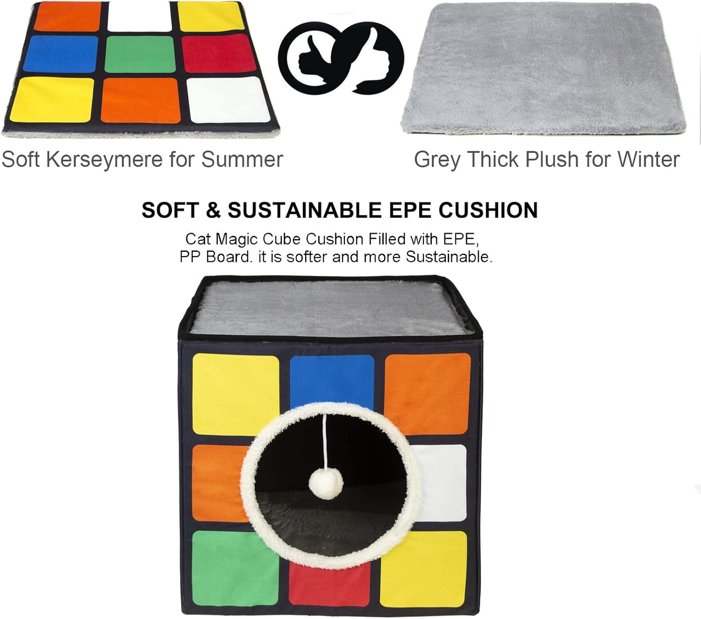 LUCKITTY Cat Condo House with Reversible Cushions and Fluffy Ball Hanging, Foldable Magic Cube, Large Cave Bed for Indoor Cats, Unique Puzzle Shape Lagre 16.5“ x 16.5" x 16.5”