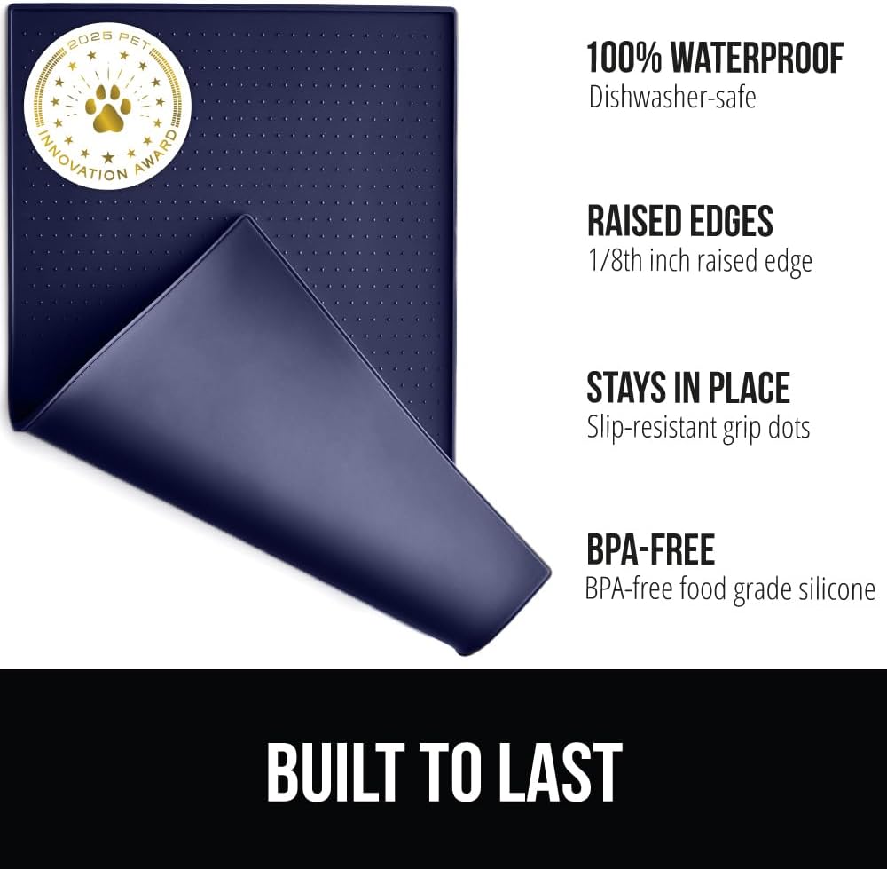 GORILLA GRIP 100% Waterproof Raised Edge BPA Free Silicone Pet Feeding Mat, Dog Cat Food Mats Contain Spills Protects Floors, Placemats for Cats and Dogs Water Bowl, Pets Accessories 23x15 Navy