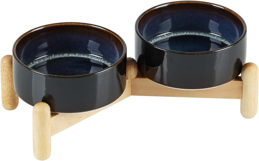 Ceramic 5.1inch Raised Double Bowls Set with Wooden Stand, Elevated Food & Water Bowls for Small Breed Dogs, Cats, Kitty, Weighted Dog Dishes, Pet Bowls(13.5oz, Starry Sky)