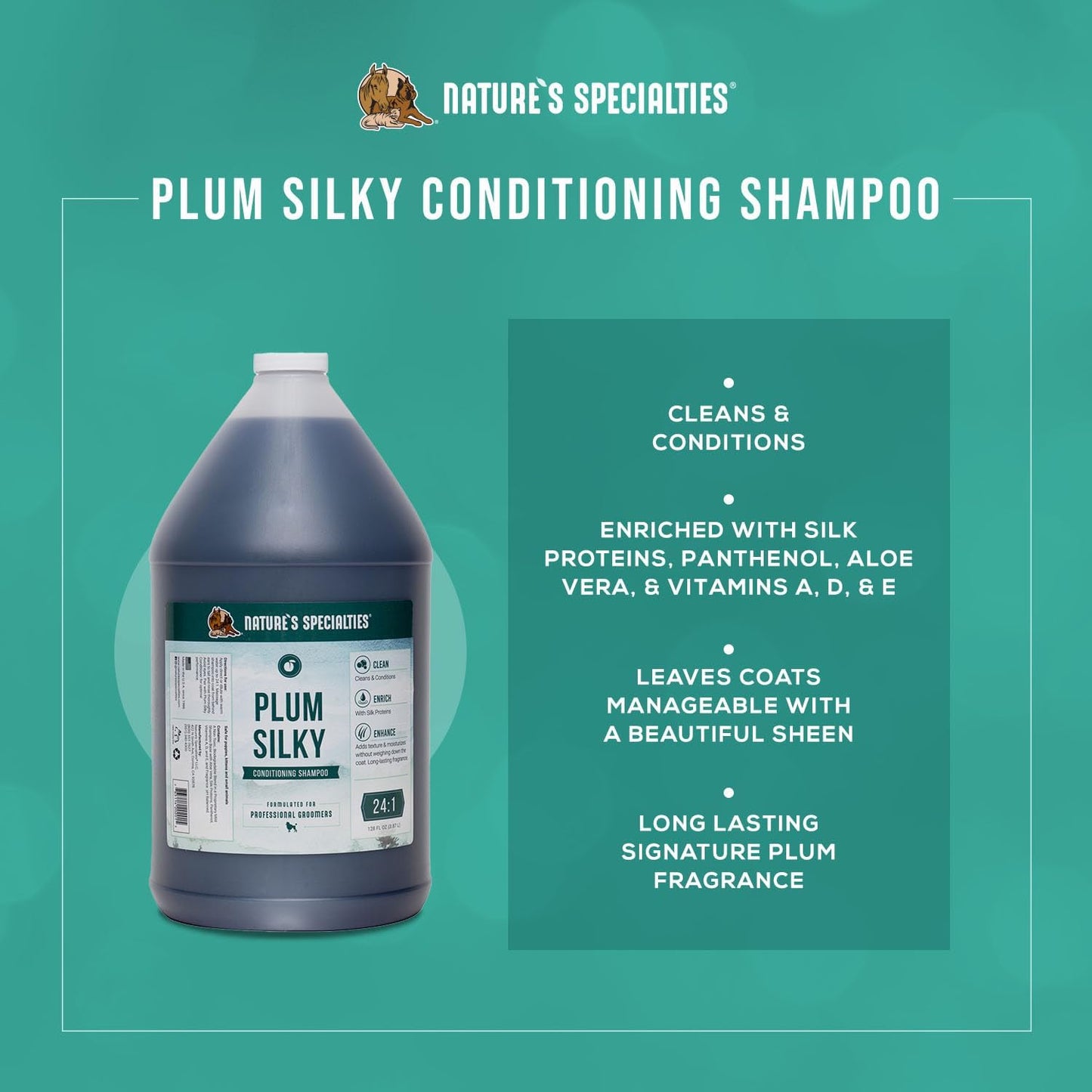 Nature's Specialties Plum Silky Ultra Concentrated Dog Shampoo Conditioner, Makes up to 24 Gallons, Natural Choice for Professional Pet Groomers, Silk Proteins, Made in USA, 1 gal