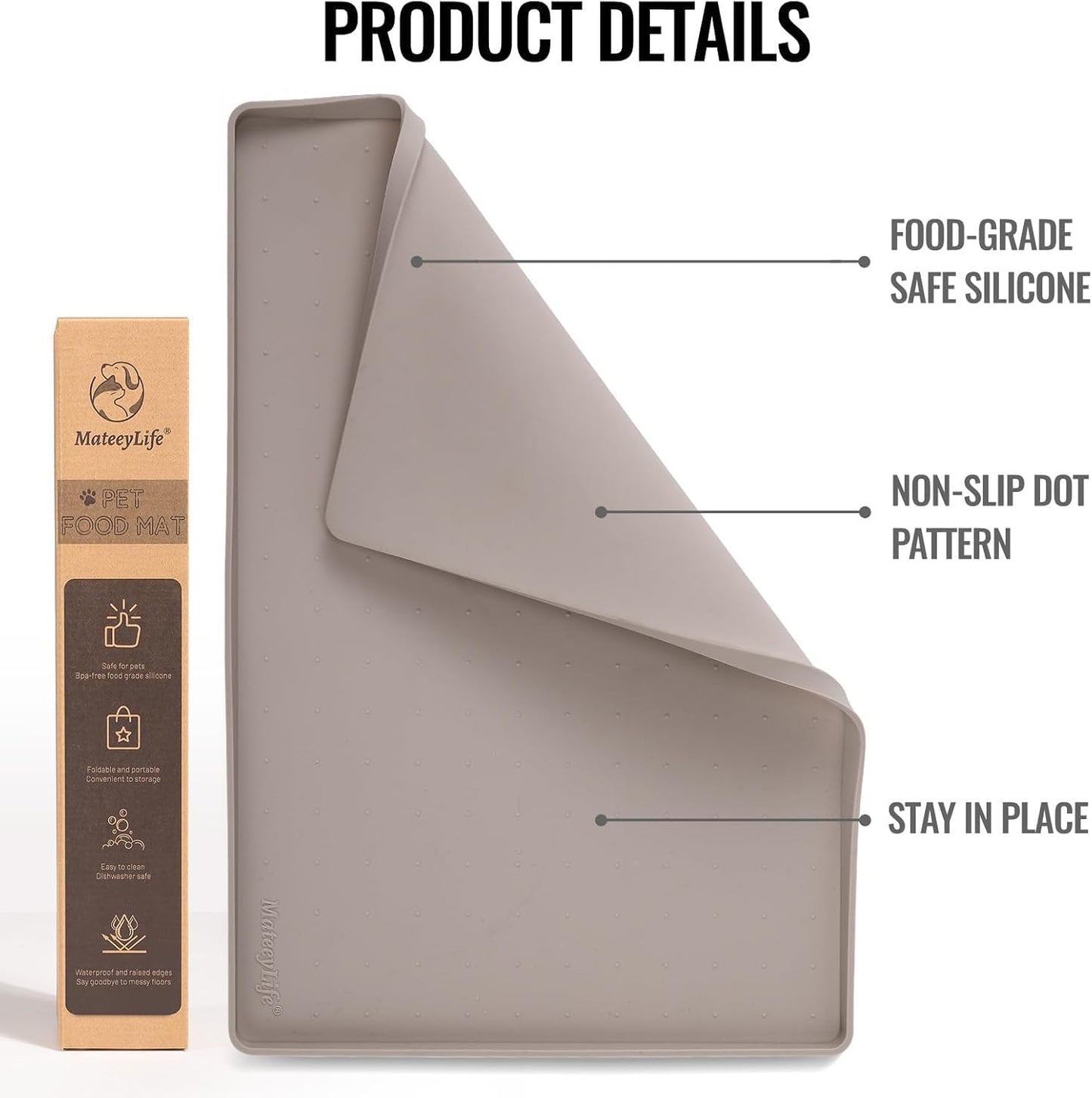 MateeyLife Dog & Cat Food Water Mat for Floors Waterproof, Nonslip Pets Bowl Feeding Mats with Raised Edges, Silicone Matt Tray for Messy Drinkers, 24"x16", Taupe