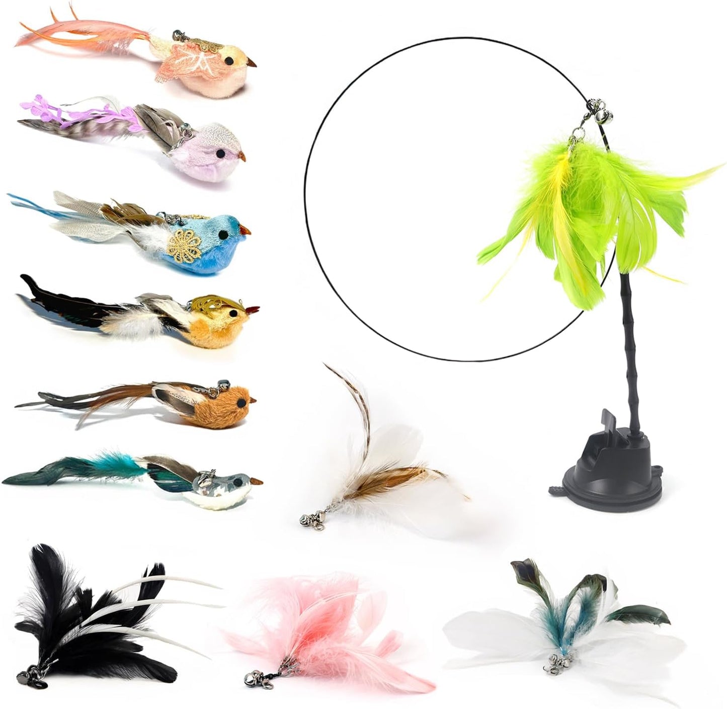 12PCS Interactive Cat Feather Wand Toy Set – 11 Bird & Feather Teaser Refills with Bells + Flexible Suction Cup Wand – Realistic Bird Design, Natural Materials, Indoor Cat Toys for Exercise & Play