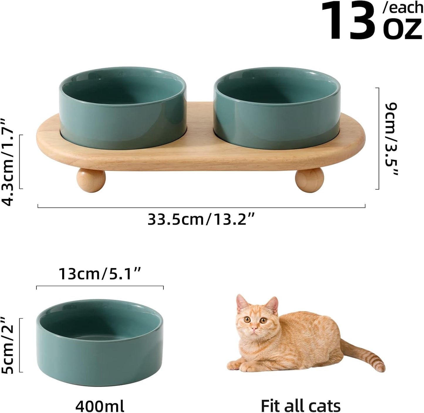 Ceramic Elevated Cat Food and Water Bowl, Kitty Bowl, Raised Cat Dish, Pet Feeder (5.1 in, 2 x Dark Green + Stand)