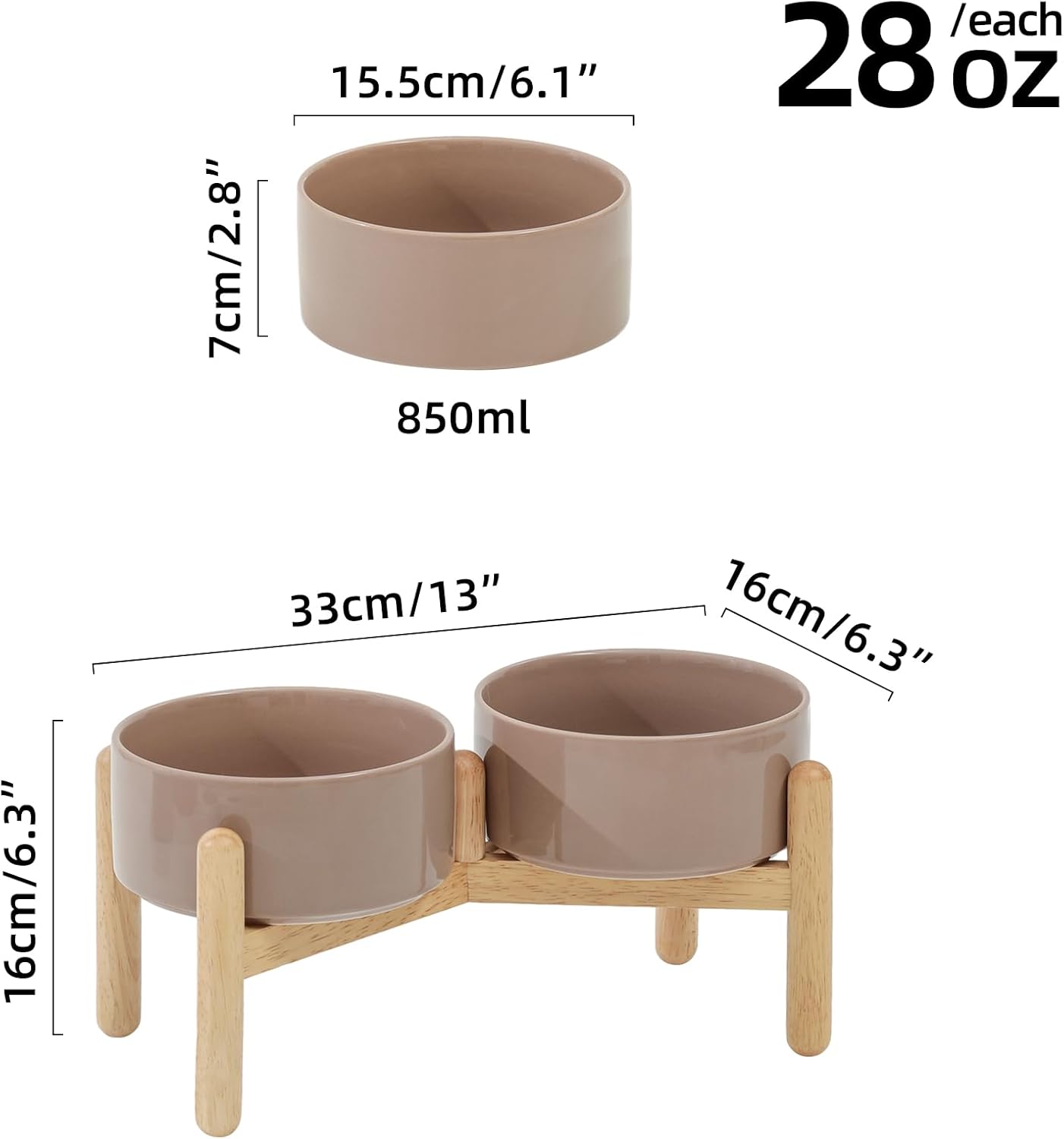 Ceramic 6.1inch Raised Dog Bowl with Stand for Small and Medium Breed Dog Dish Pet Food and Water Bowl (Double Bowl with Stand - Brown Coffee, 28oz)