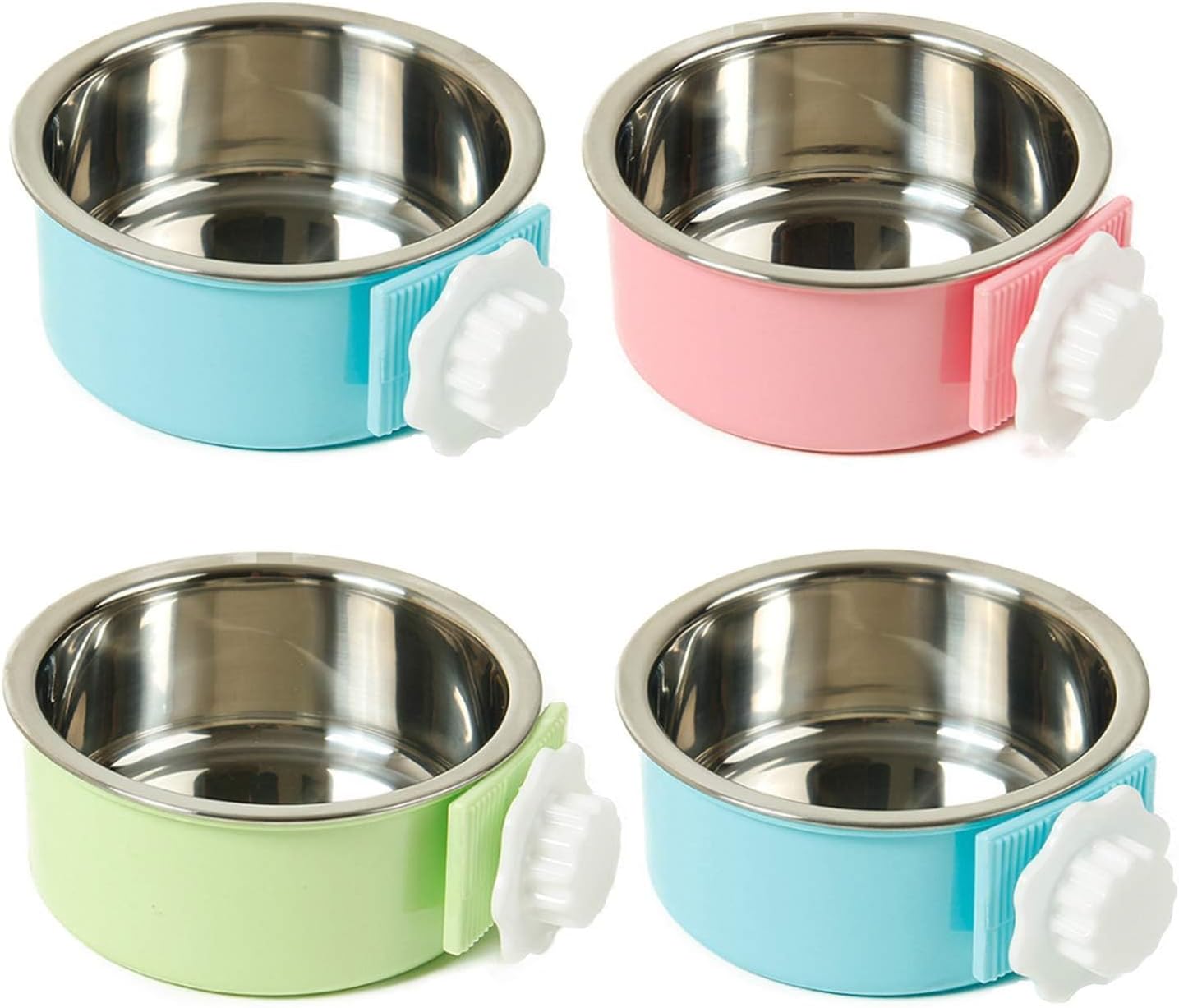 kathson Crate Dog Bowl, Removable Stainless Steel Hanging Pet Cage Bowl Food & Water Feeder Coop Cup for Cat, Puppy, Birds, Rats, Guinea Pigs 4pcs Large(2×Blue,1×Pink,1×Green)