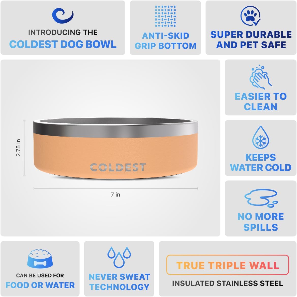 Coldest Dog Bowl - Anti Rust Metal, Non Slip, 3 Layers Insulated Stainless Steel Dog Bowls - Spill Proof & Heavy Duty - Water Bowl for Dogs, Cats & Pets, Dish Washer Safe (42 oz, Sahara Peach)
