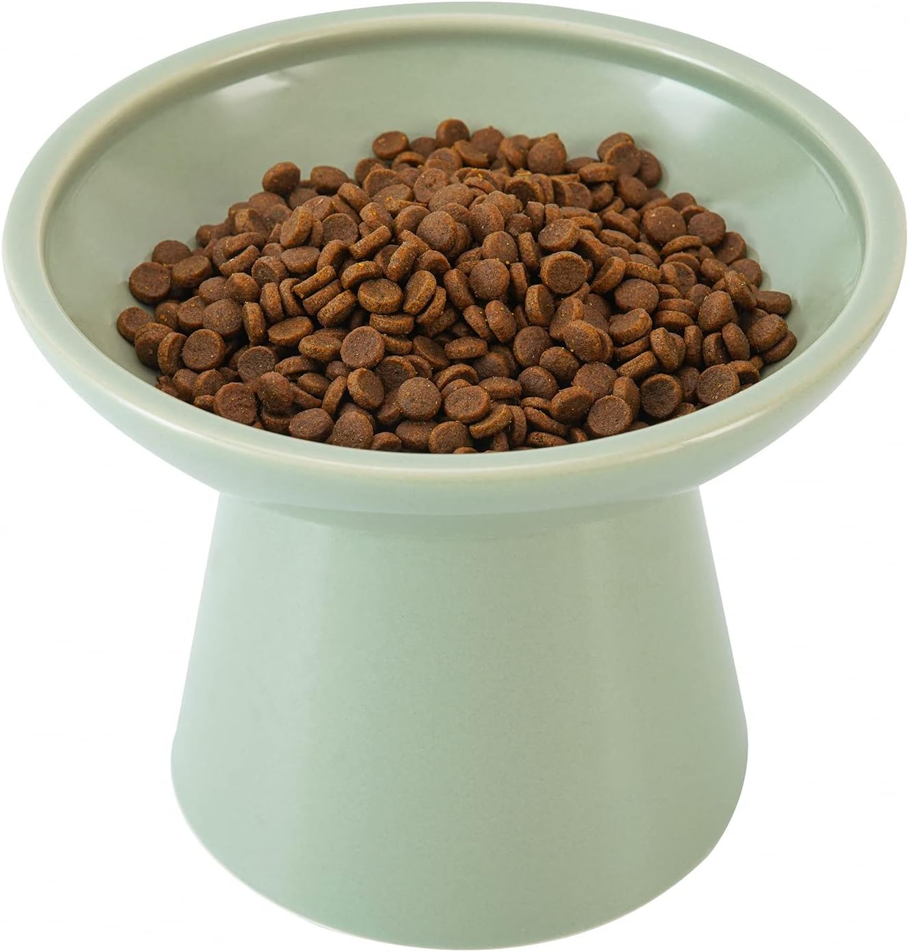 Extra Wide Elevated Ceramic Cat Food Bowl - 6.2" Shallow Dish for Whisker Fatigue Relief, 5" Height for Easy Feeding, Lead & Cadmium Free, Durable Raised Cat Food Bowls, Sage Green