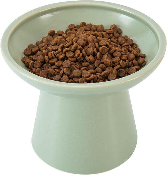 Extra Wide Elevated Ceramic Cat Food Bowl - 6.2" Shallow Dish for Whisker Fatigue Relief, 5" Height for Easy Feeding, Lead & Cadmium Free, Durable Raised Cat Food Bowls, Sage Green