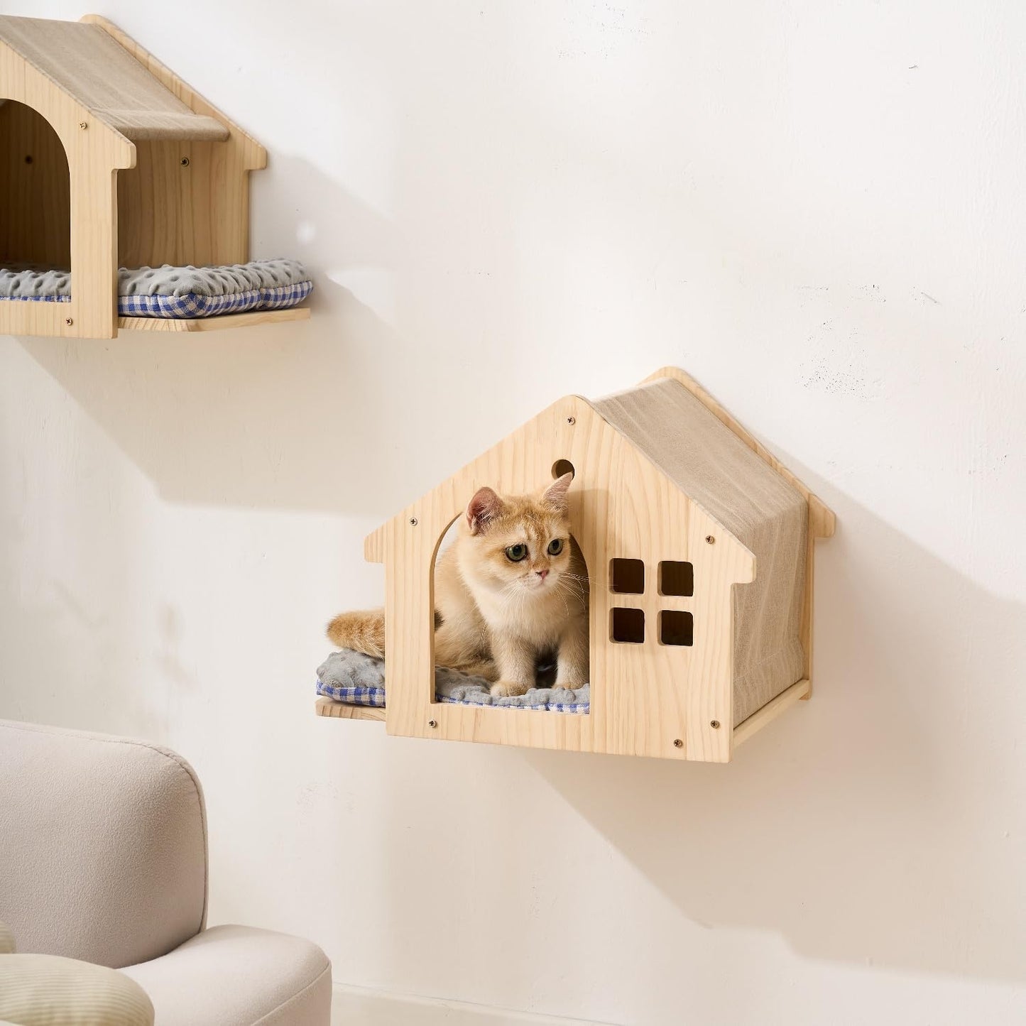 SHENGOCASE Natural Wood Cat Wall Shelves Bed, 2-Pack, Wall-Mounted Box House Perch, Cat Condo Furniture with Washable Pillow Cushions