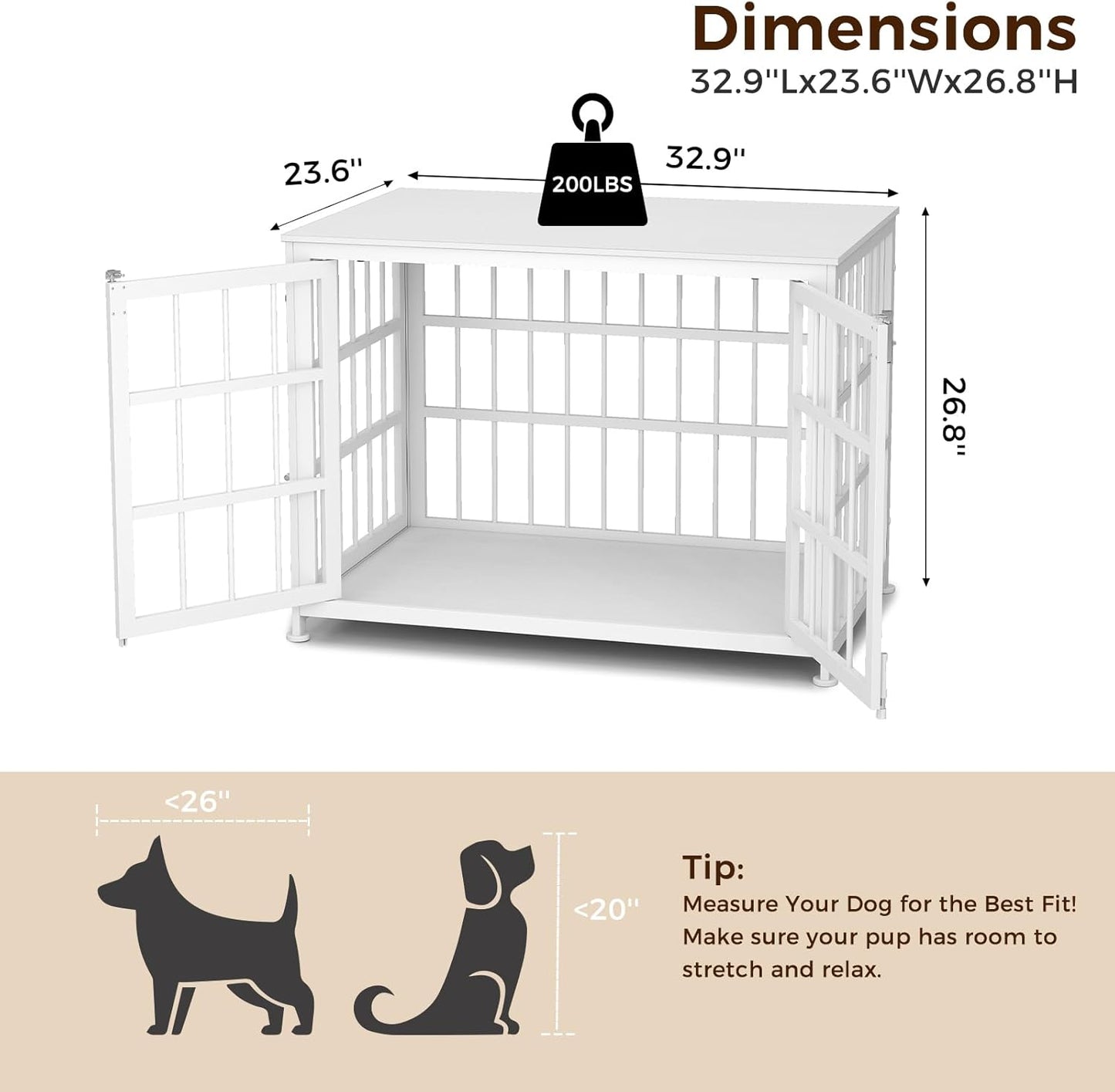 32 Inch Heavy Duty Wooden Dog Kennel End Table with Double Door Design and Secure Locks, Indoor Pet Crate Furniture for Medium Dogs, Decorative Home Cage Design,White