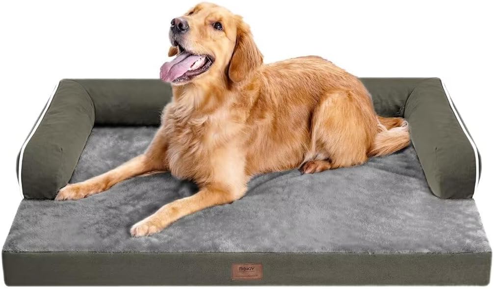 Large Dog Bed Orthopedic Washable - Removable Waterproof Cover Bed Pet - Large Big Dogs - Memory Foam - Couch Sofa with Removable Bolster - Dark Green Dog Bed