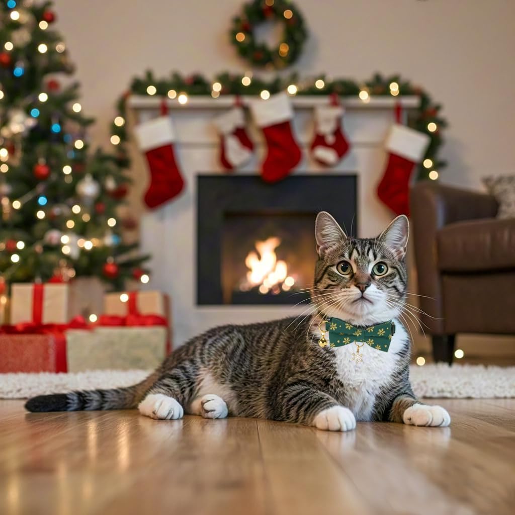Christmas Cat Collar 2 Pack Cotton Bowtie Cat Collars Glittery Snowflakes Cute Kitten Collar(Red+Green)