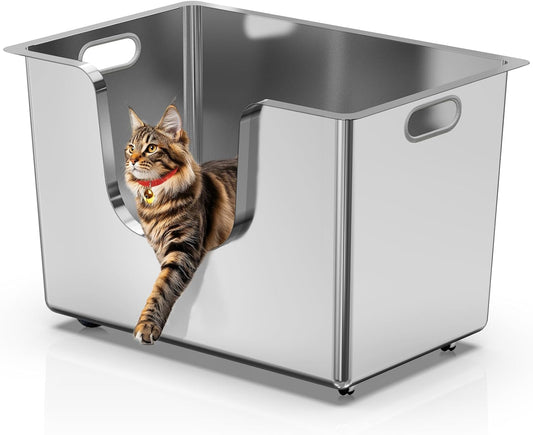 Enclosed Stainless Steel Cat Litter Box 13.8” High Sides, Extra Large Litter Box for Big Cats, XL Metal Kitty Litter Pan Pet Toilet with Wheels for Easy Mobility, Anti-Leakage, Non-Sticky, Easy Clean