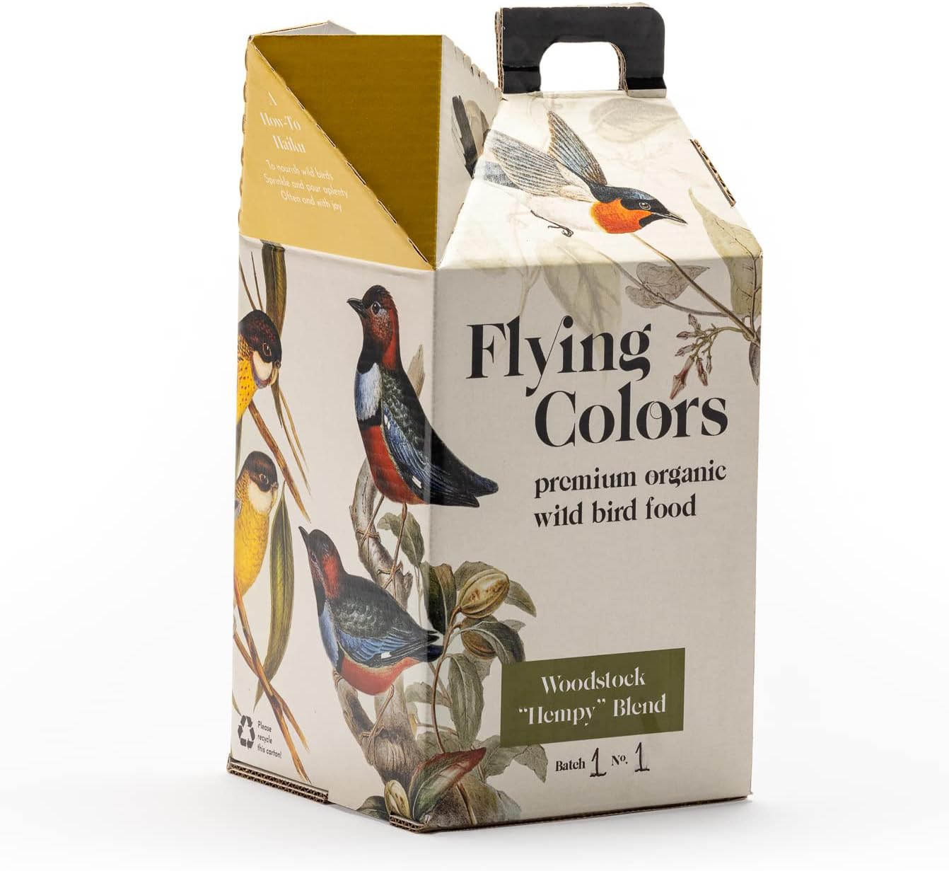 Flying Colors Premium Organic Wild Bird Seed | Woodstock 'Hempy' Blend | 100% USDA Organic Ingredients | No Fillers, No Pesticides | Sunflower Seed, Peanut, Safflower, Hemp | 3 Gallon Easy-Pour Carton