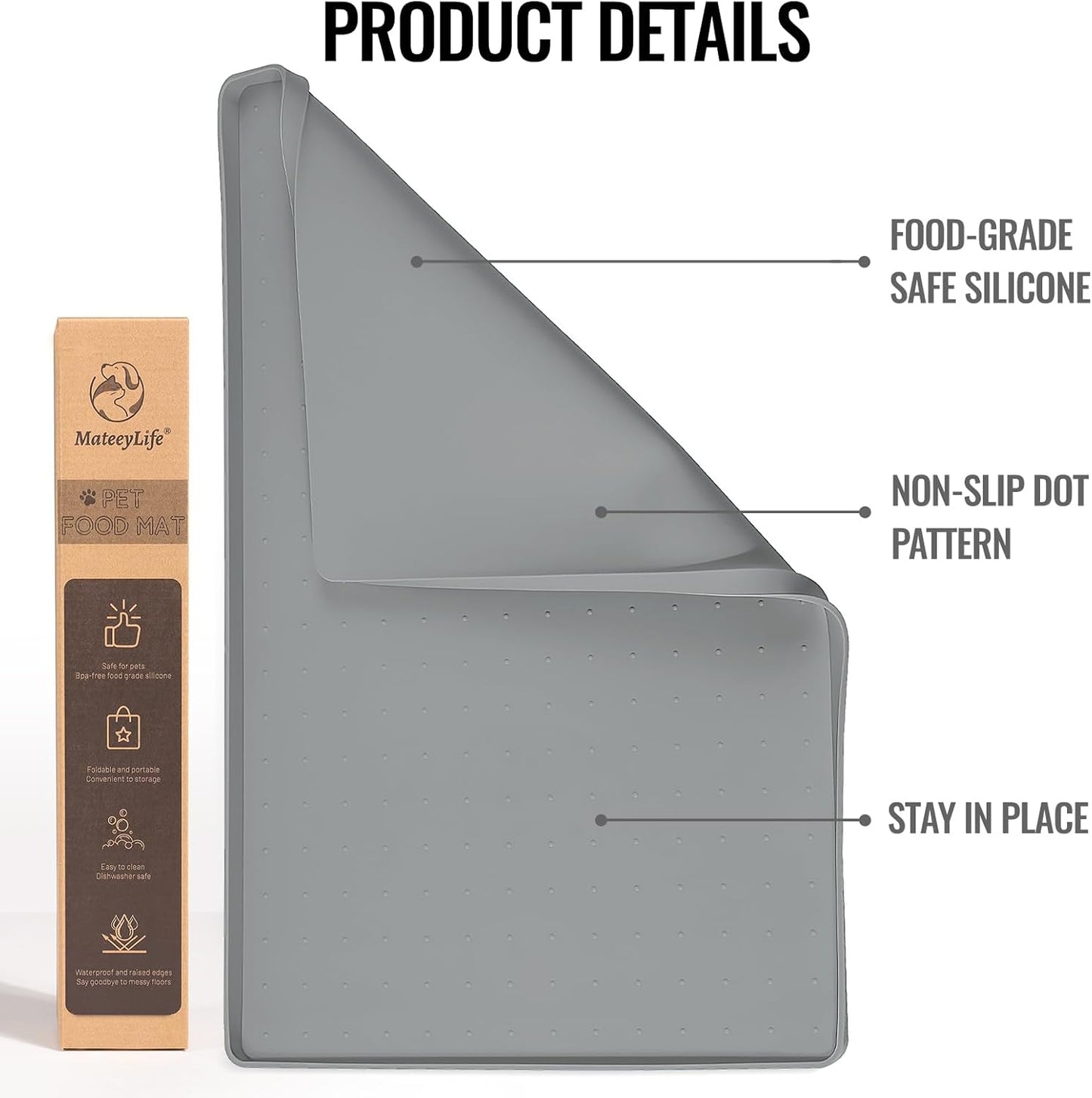 MateeyLife Dog & Cat Food Mat for Floors Waterproof, Nonslip Bowl Mats for Food and Water, Dog Feeding Mats with Raised Edges, Silicone Dog Water Matt Tray for Messy Drinkers, 18"x12", Grey