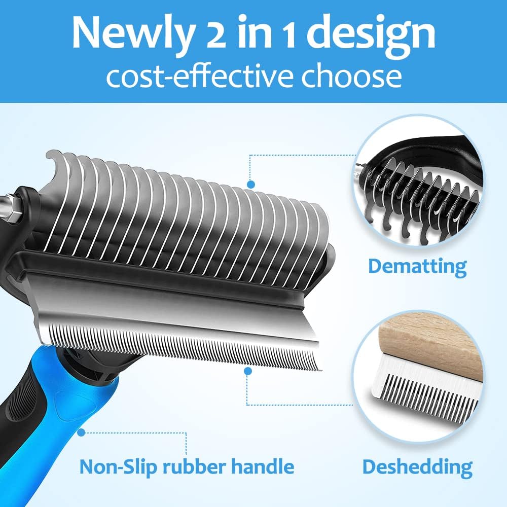 [ 2 in 1 design ] Undercoat Rake and Deshedding Tool for Dogs and Cats - Dematting Comb for Long Hair Pets, Grooming Brush to Clear Mats, Tangles and Reduce Shedding by 95%