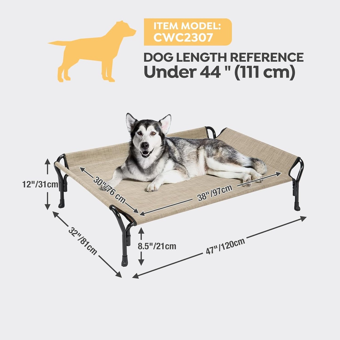 Veehoo Cooling Elevated Dog Bed, Raised Pet Cot with Guardrail & Slope Headrest, Durable Breathable Teslin Mesh, Non-Slip Feet, Washable Dog Couch Bed for Indoor & Outdoor, 47" x 32", Beige Coffee