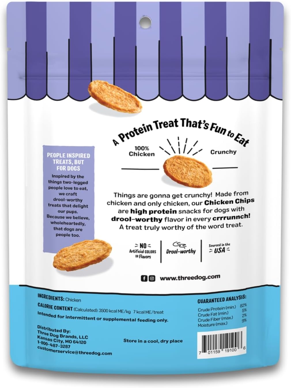 Three Dog Bakery Bark’N Crunch! Chicken Chips, Crunchy Treats for Dogs, Single Ingredient, High Protein Snacks, No Artificial Flavors or Colors, Made in The USA, 4oz