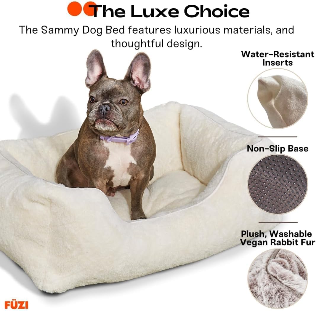 FUZI Luxury Dog Bed with Extra Cover for Small Dogs, Washable Pet Couch, Pet Bed with Sides, Non-Slip Bottom, Soft & Durable Calming Dog Bed, Faux Rabbit Fur, Small 25.1x16.75x9.5 Light Brown