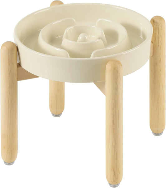 9.5inch Ceramic Raised Slow Feeder Dog Bowl Set, Elevated Bowl with Wooden Stand for Large Dog, Puzzle Slow Pet Food Dish, Anti-Gulping(Beige, Single Bowl+ Stand)